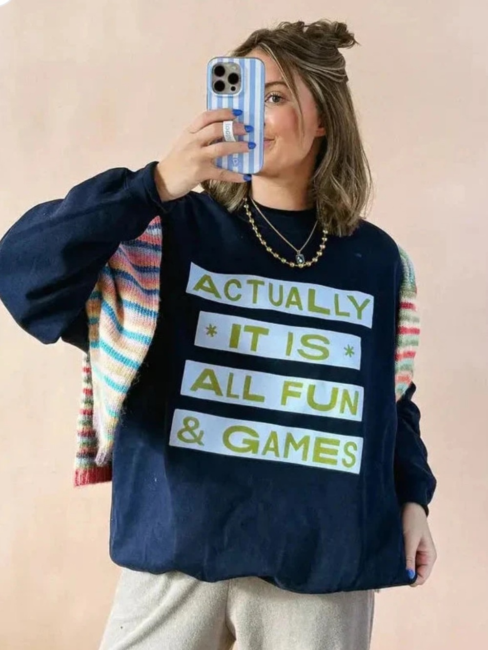 Navy Graphic Sweatshirt - "Actually It Is All Fun & Games" Etta & east